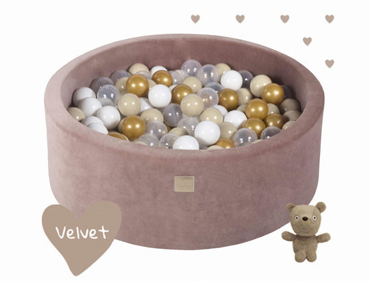 MeowBaby - Bällebad mit 250 Bällen in 90x30cm, Samt, Beige, Modell Teddy Bear - Kletterling – einfach Kind sein