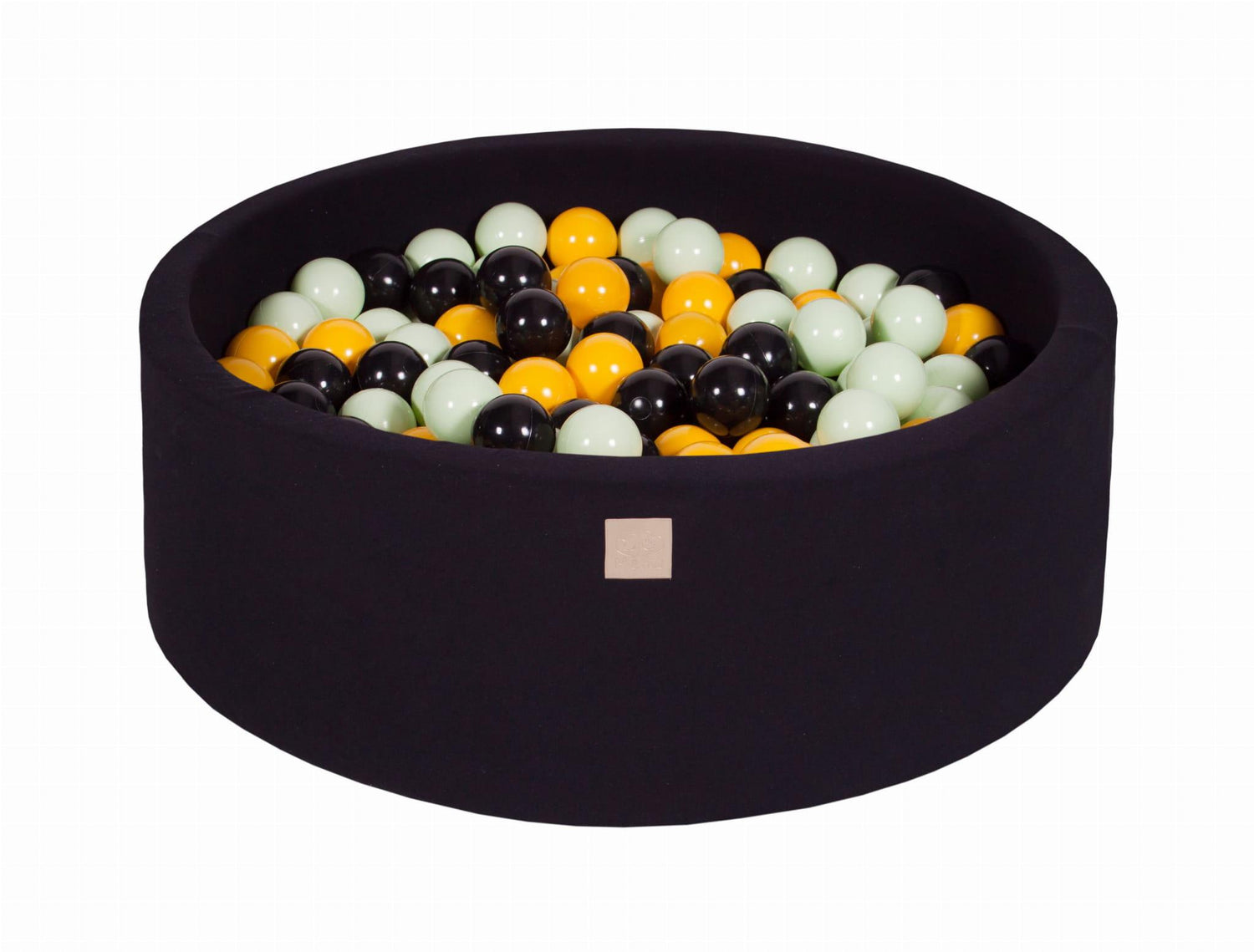 MeowBaby - Bällebad mit 200 Bällen in 90x30cm Baumwolle, Schwarz: Schwarz/Gelb/Hellgrün - Kletterling – einfach Kind sein