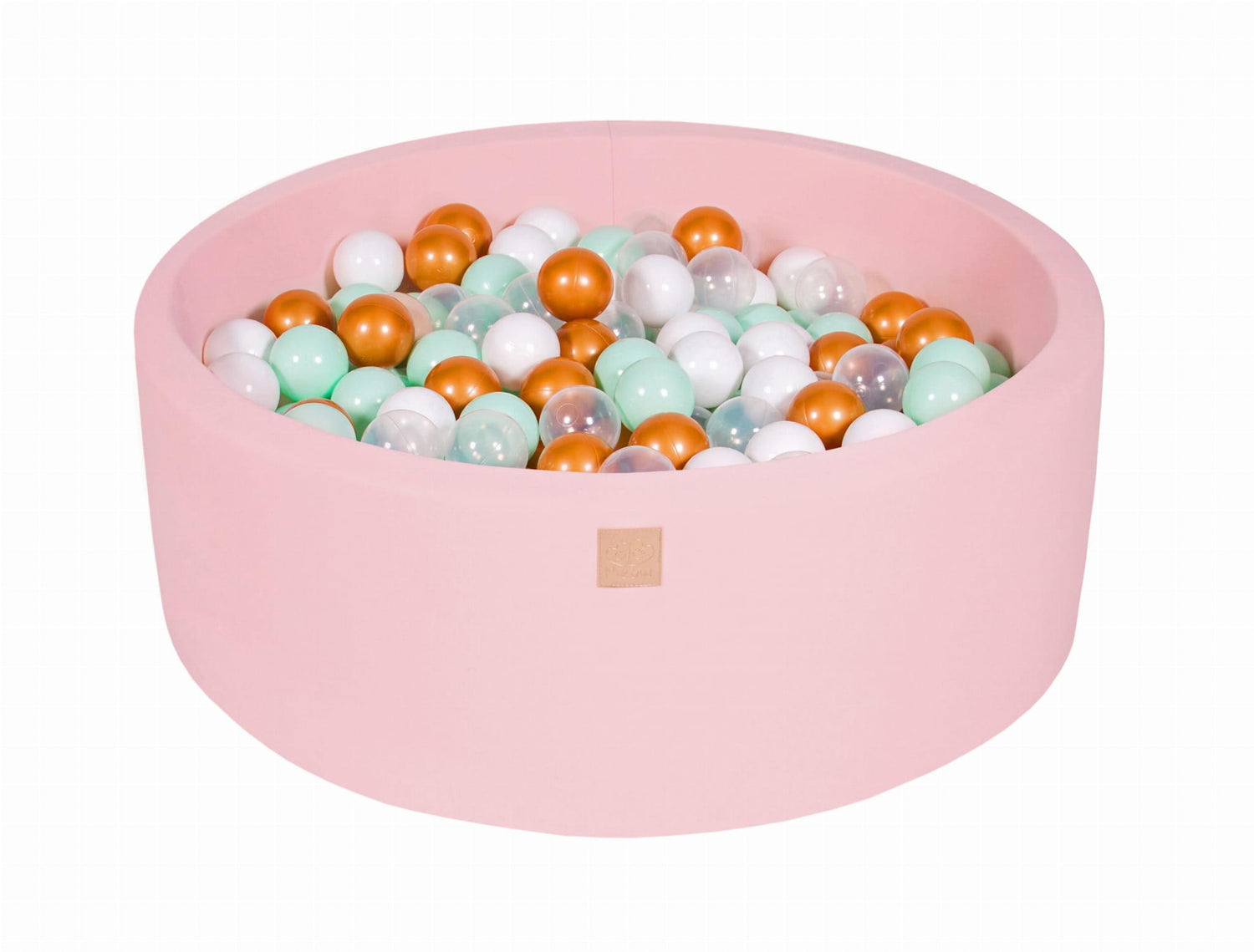 MeowBaby - Bällebad mit 200 Bällen in 90x30cm Baumwolle: Hellrosa: Weiß/Golden/Transparent/Minze - Kletterling – einfach Kind sein