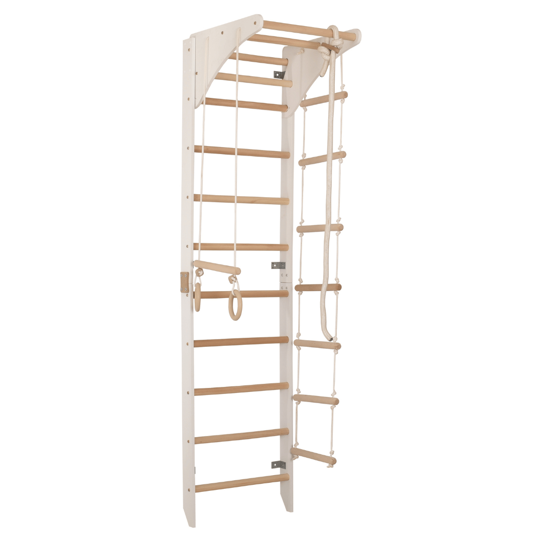 Sprossenwand mit höhenverstellbarem Reck, Kletterseil, Ringen & Seilleiter – Kompaktes Indoor-Fitnessgerät für die ganze Fam…