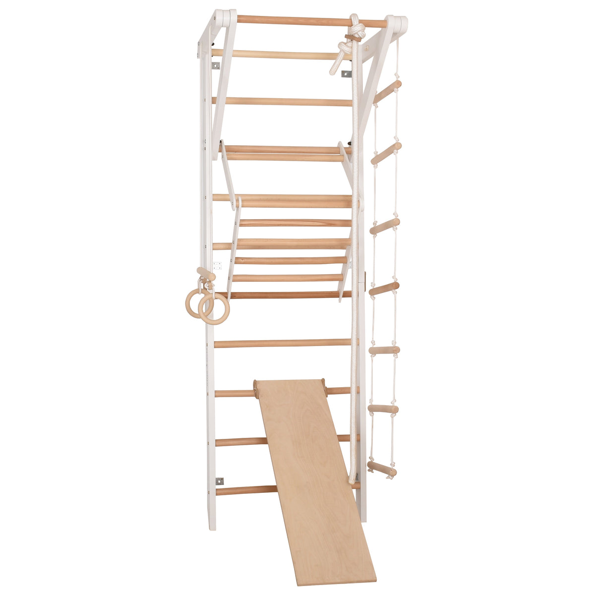 Kletterwand für die ganze Familie – Klettergerüst Indoor aus Holz mit Wand-Reck, Stange, Gymnastikringen, Kletterseil, schwe…