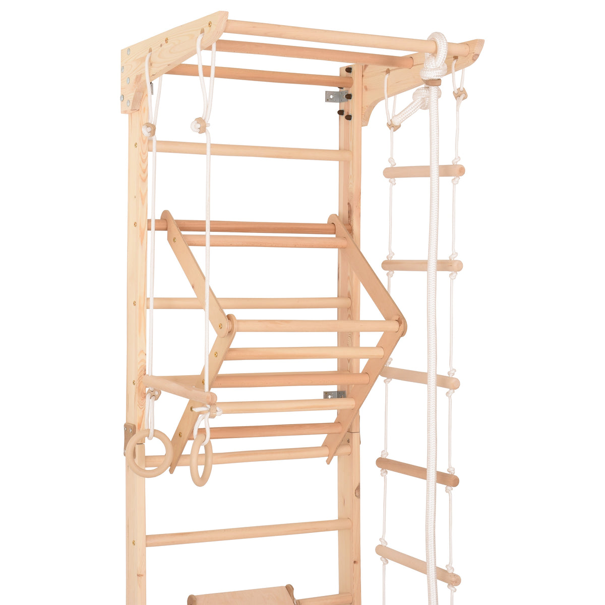 Kletterwand für die ganze Familie – Klettergerüst Indoor aus Holz mit Wand-Reck, Stange, Gymnastikringen, Kletterseil, schwe…