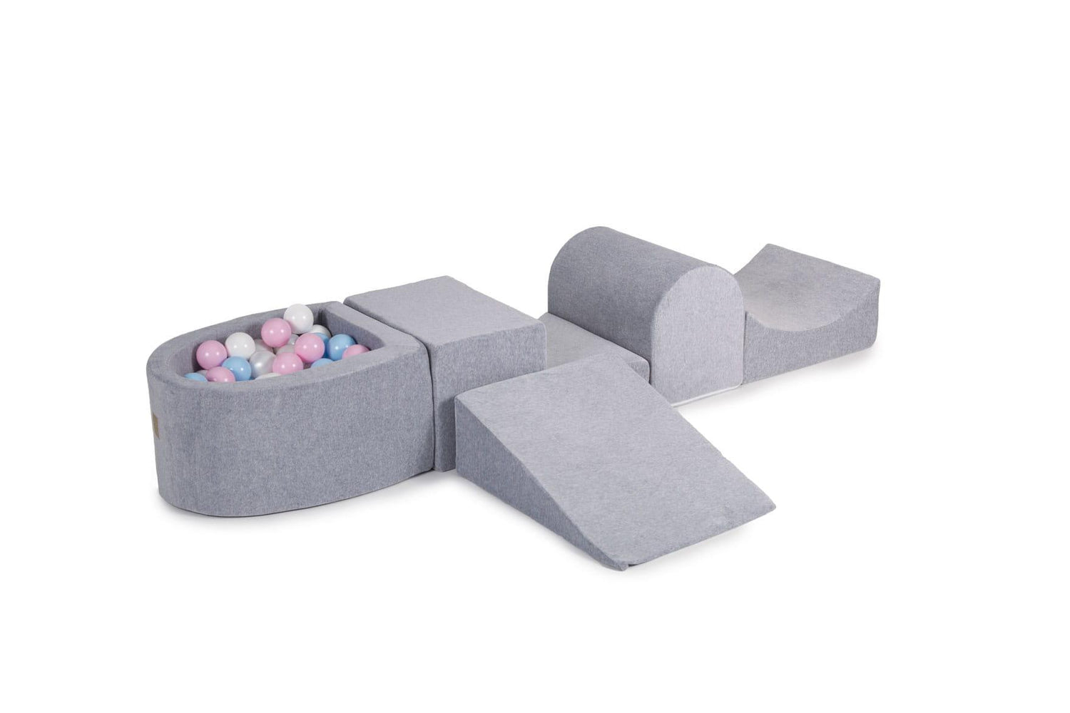MeowBaby Spielplatz aus Schaumstoff 4 - Element Schaumspielset mit Kleine Bällebad/100 Bälle, Samt, Hellgrau: Weiß/Perlweiß/Himmelblau/Pastellrosa - Kletterling – einfach Kind sein