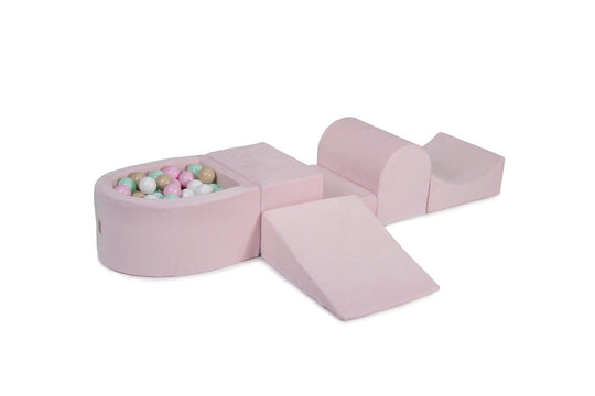 MeowBaby Spielplatz aus Schaumstoff 4 - Element Schaumspielset mit Kleine Bällebad/100 Bälle, Samt, Hellrosa: Beige/Minze/Weiß/Pastellrosa - Kletterling – einfach Kind sein