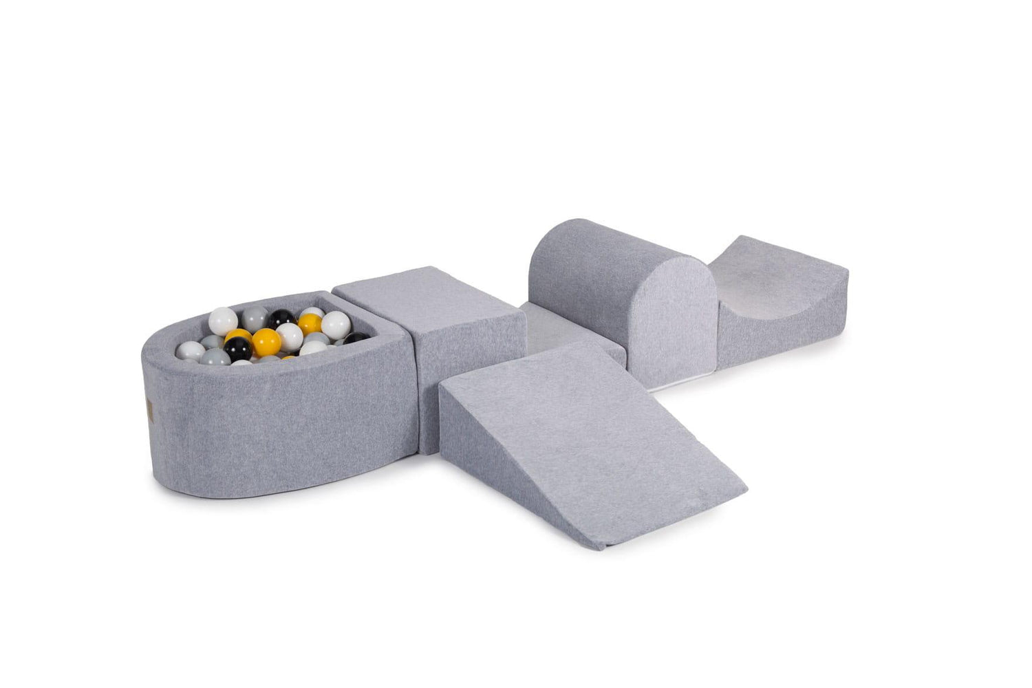 MeowBaby Spielplatz aus Schaumstoff 4 - Element Schaumspielset mit Kleine Bällebad/100 Bälle, Samt, Hellgrau: Weiß/Grau/Schwarz/Gelb - Kletterling – einfach Kind sein