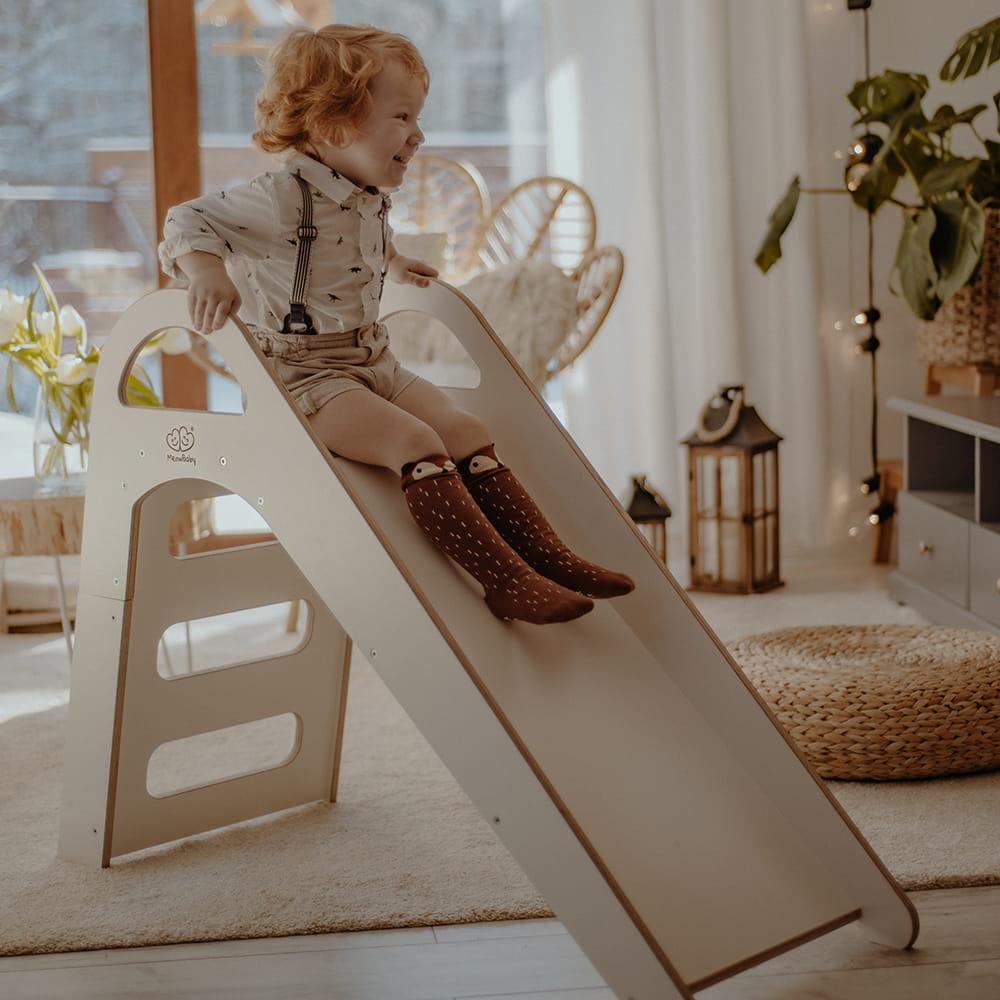 MeowBaby Montessori Rutsche aus Holz für Kinder, Scandi, Weiß - Kletterling – einfach Kind sein