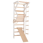 Kletterwand für die ganze Familie – Klettergerüst Indoor aus Holz mit Wand-Reck, Stange, Gymnastikringen, Kletterseil, schwe…