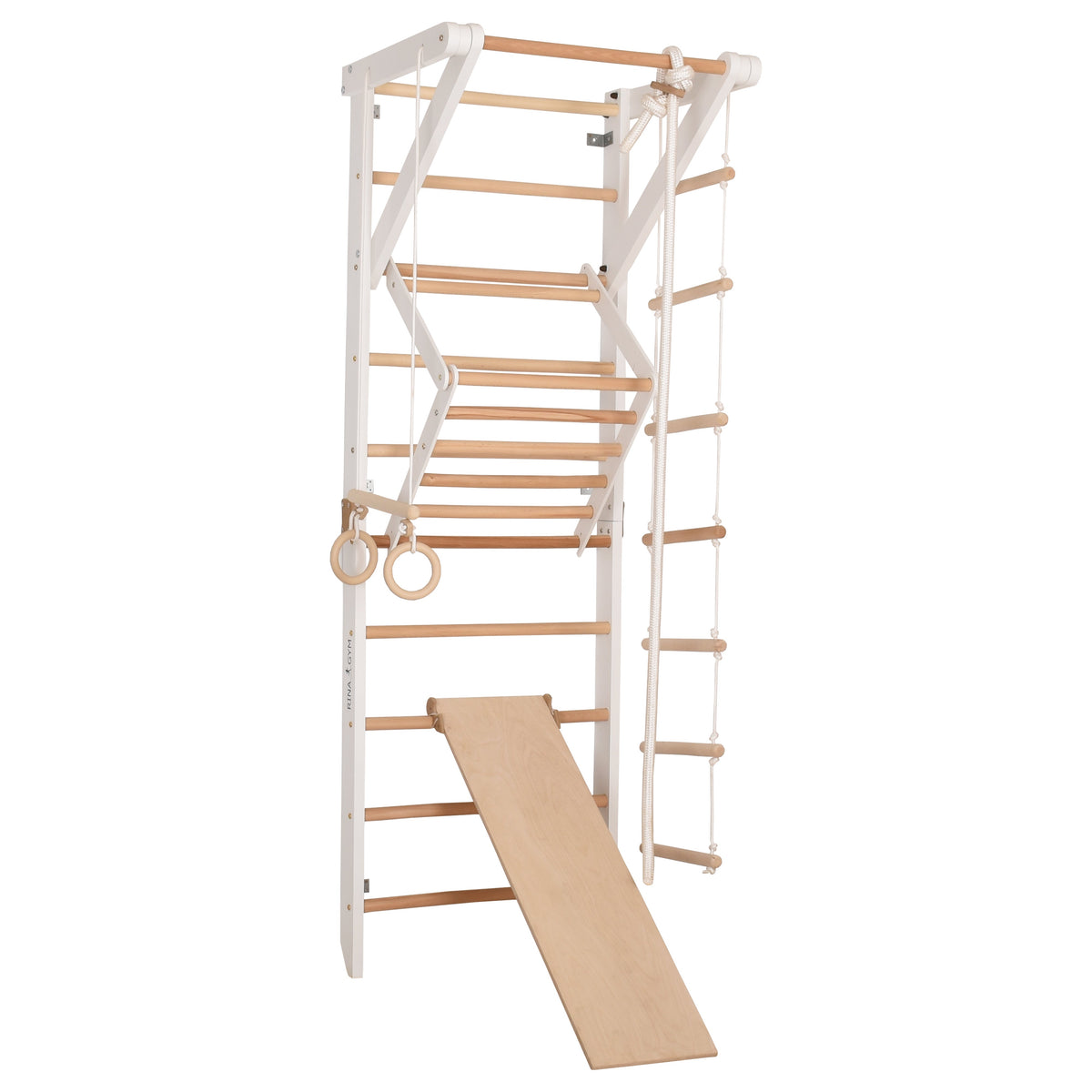 Kletterwand für die ganze Familie – Klettergerüst Indoor aus Holz mit Wand-Reck, Stange, Gymnastikringen, Kletterseil, schwe…