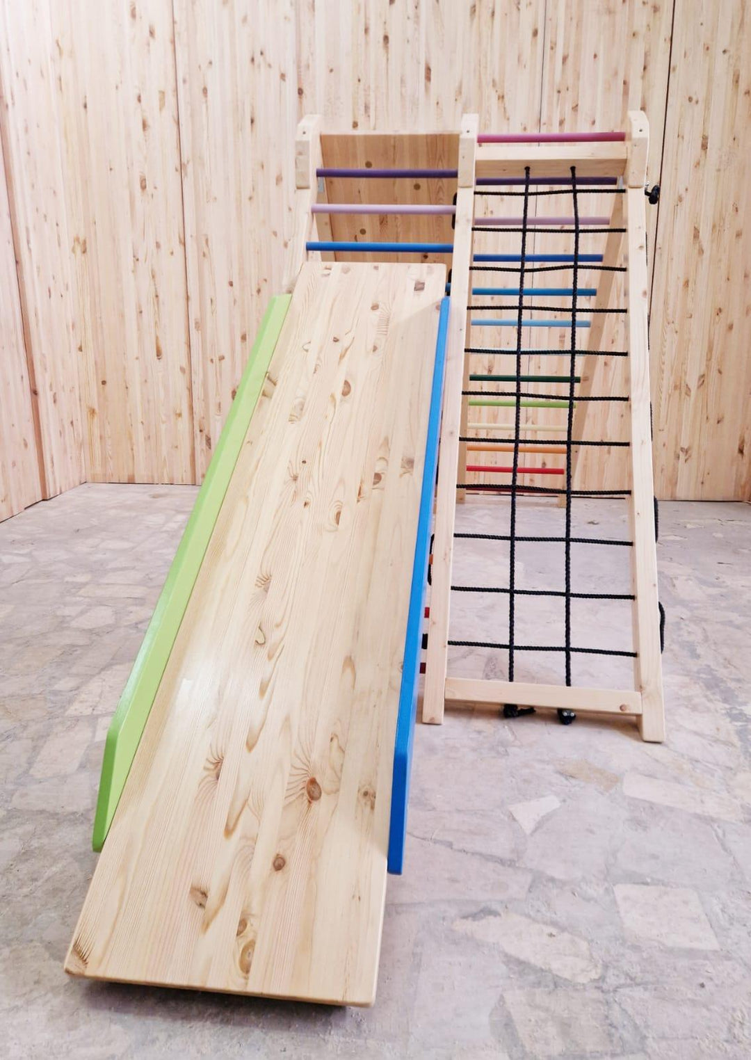 Klettergerüst - Doppelklettergerüst mit Rutschbahn und Tafel - Kletterling – einfach Kind sein