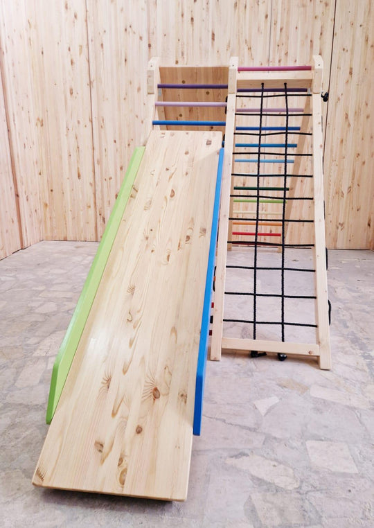 Klettergerüst - Doppelklettergerüst mit Rutschbahn und Tafel - Kletterling – einfach Kind sein