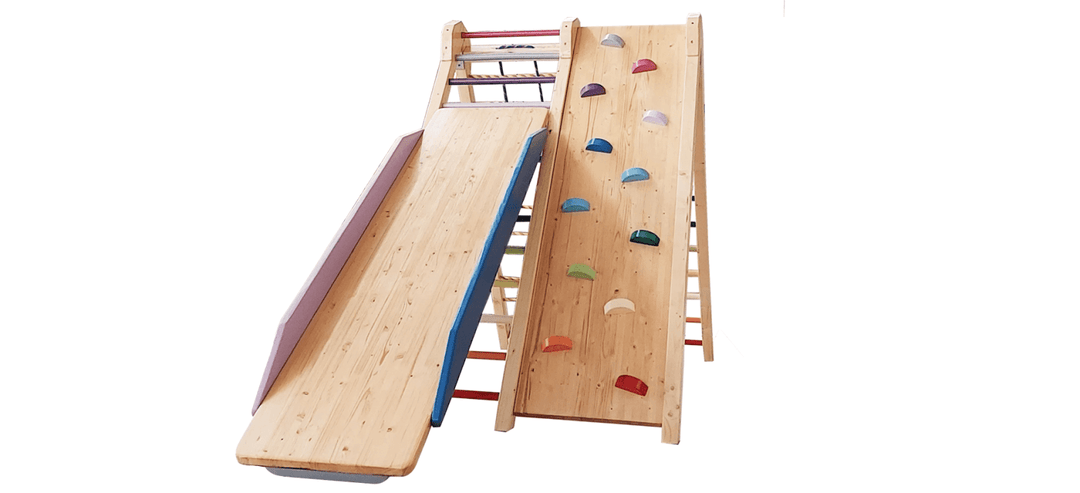 Klettergerüst - Doppelklettergerüst mit Rutschbahn und Tafel - Kletterling – einfach Kind sein