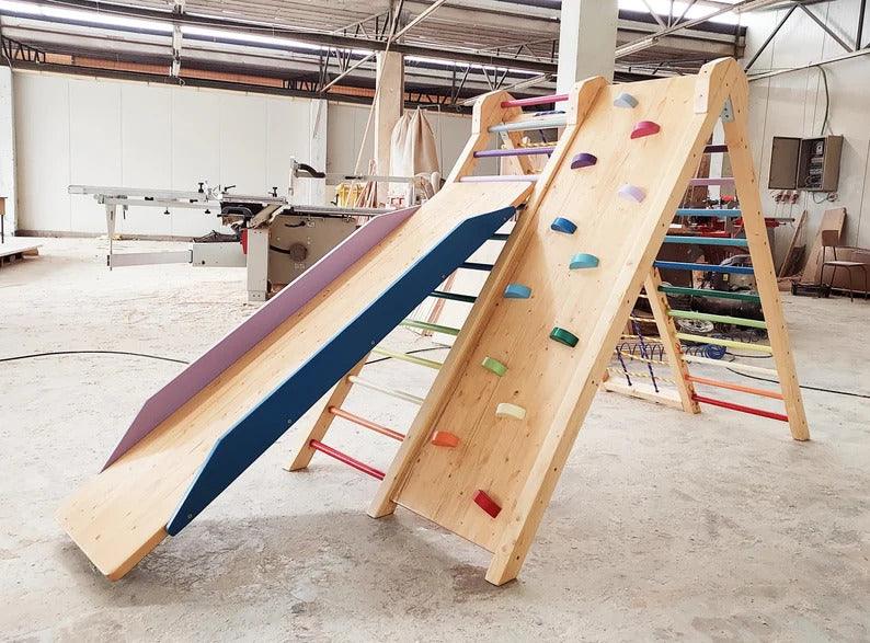 Klettergerüst - Doppelklettergerüst mit Rutschbahn und Tafel - Kletterling – einfach Kind sein