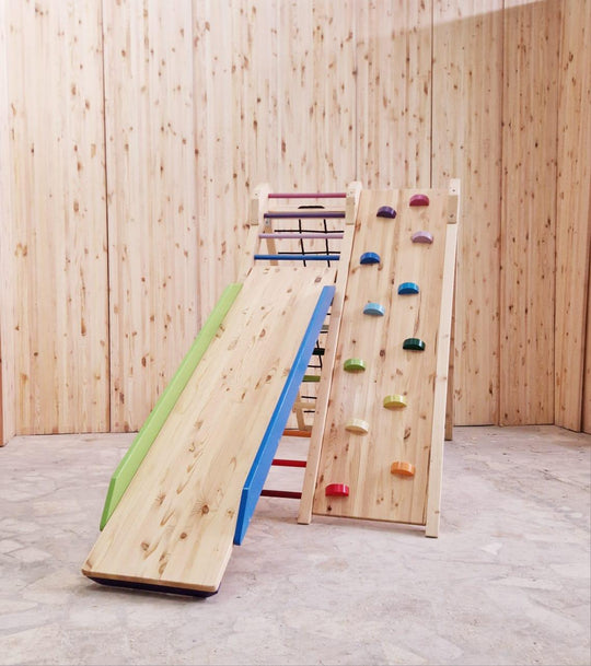 Klettergerüst - Doppelklettergerüst mit Rutschbahn und Tafel - Kletterling – einfach Kind sein