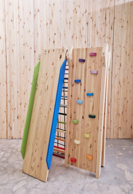Klettergerüst - Doppelklettergerüst mit Rutschbahn und Tafel - Kletterling – einfach Kind sein