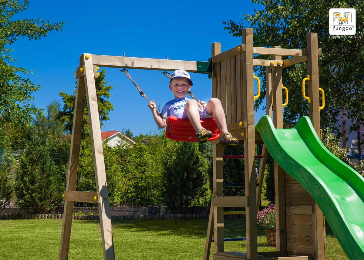 Spielturm FUNNY3 mit Sandkasten und Schaukel - Kletterling – einfach Kind sein