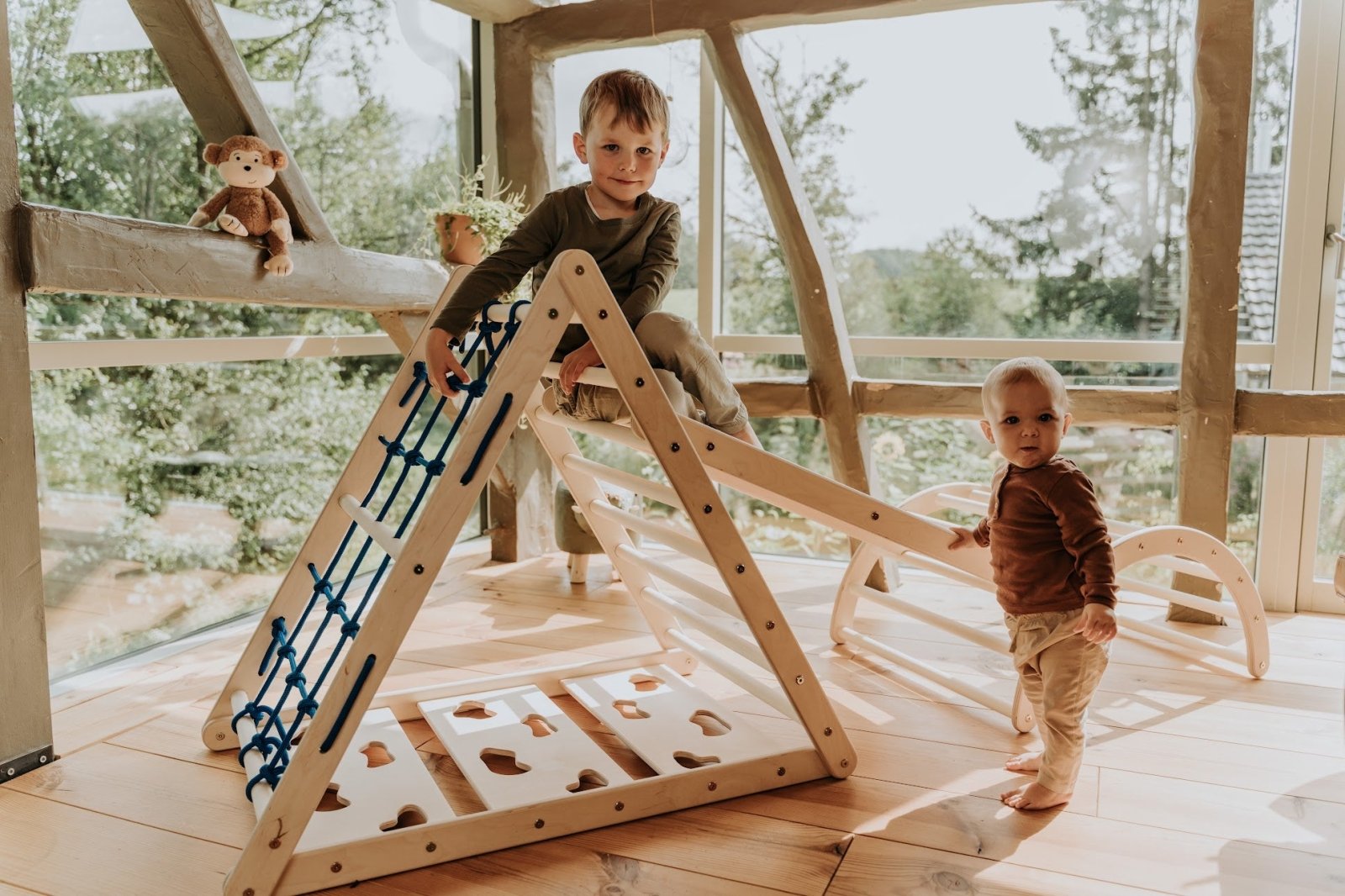 3er Set LEMURENLING UP | dreiseitiges Kletterdreieck (Orang - Utan 87cm) mit Rutsche & Hörnchen Wippe - Kletterling – einfach Kind sein