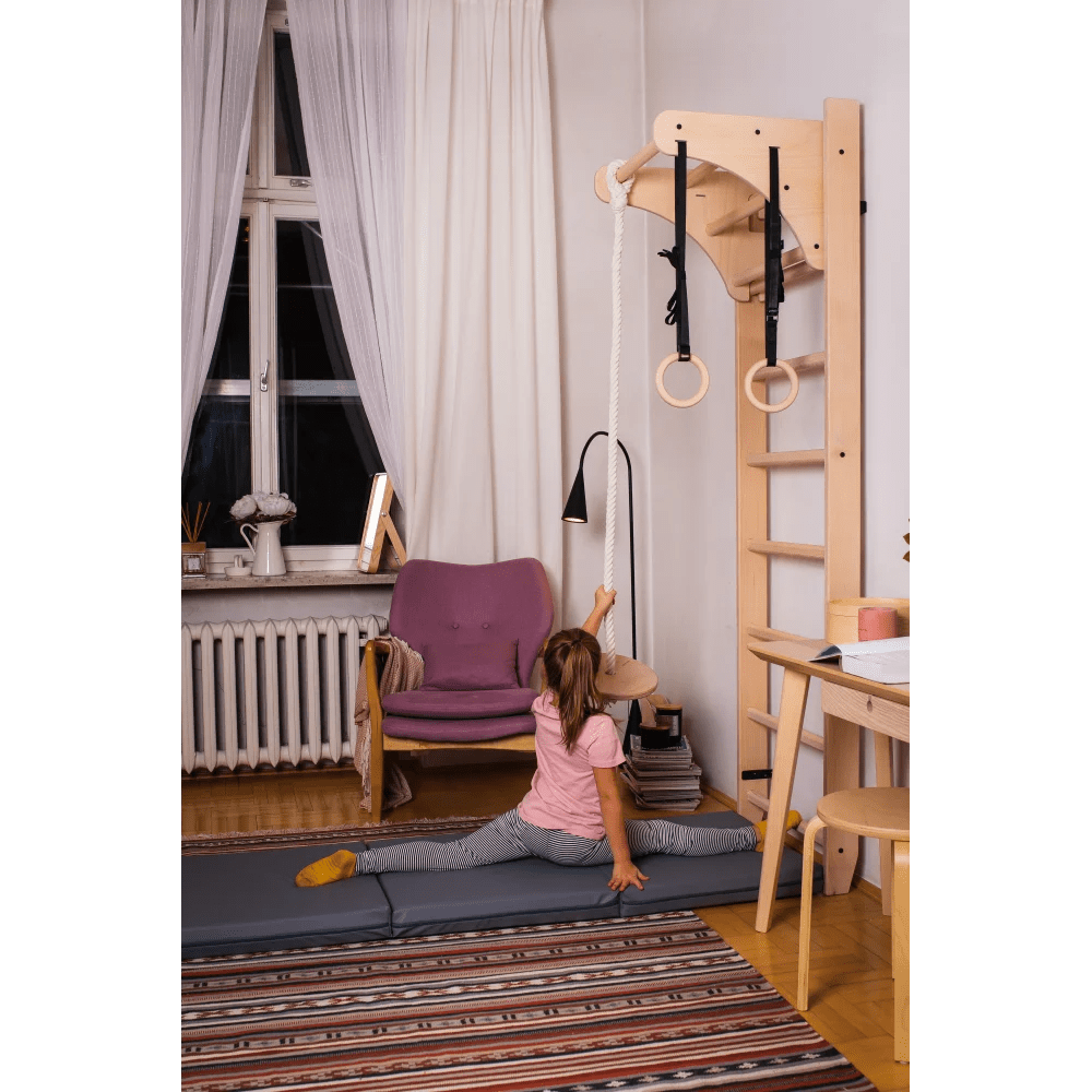 Sprossenwand BENCH PLAYGYM | Turnringe, Kletterseil, Tellerschaukel | 220 cm x 64 cm - Kletterling – einfach Kind sein
