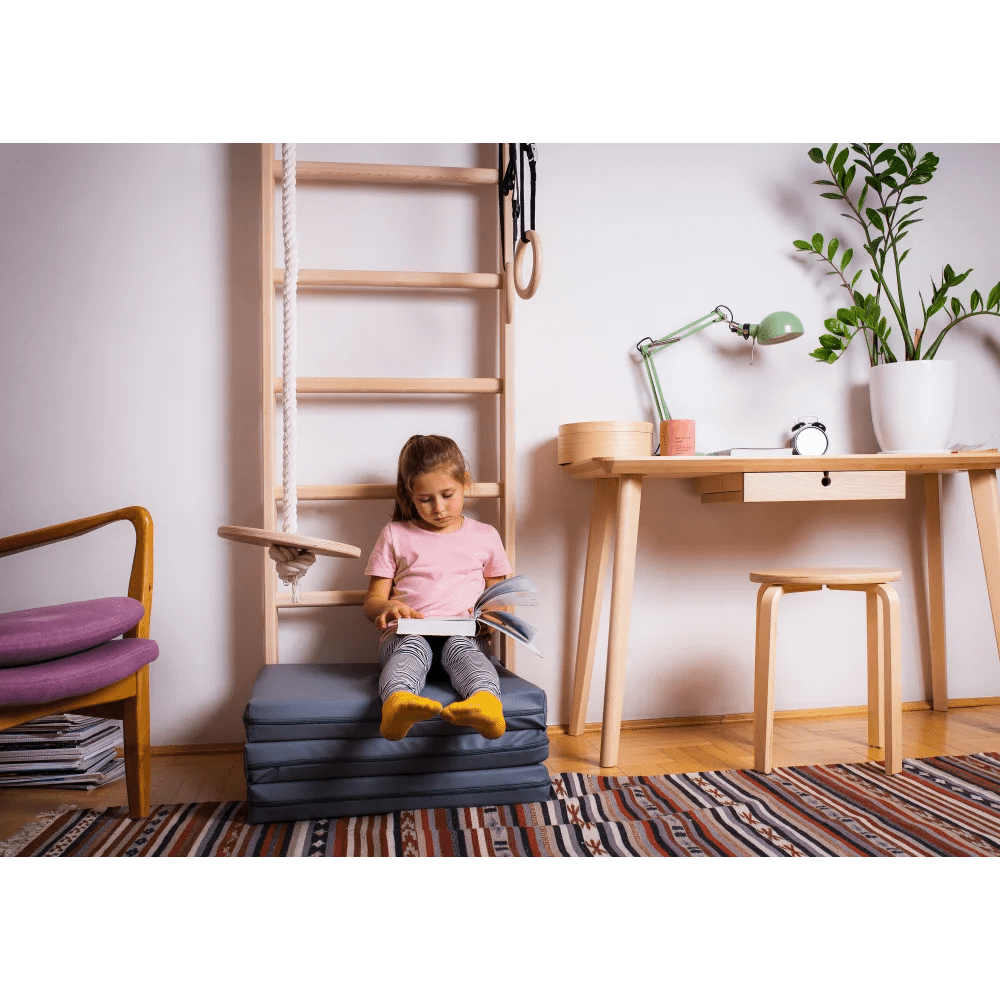 Sprossenwand BENCH PLAYGYM | Turnringe, Kletterseil, Tellerschaukel | 220 cm x 64 cm - Kletterling – einfach Kind sein