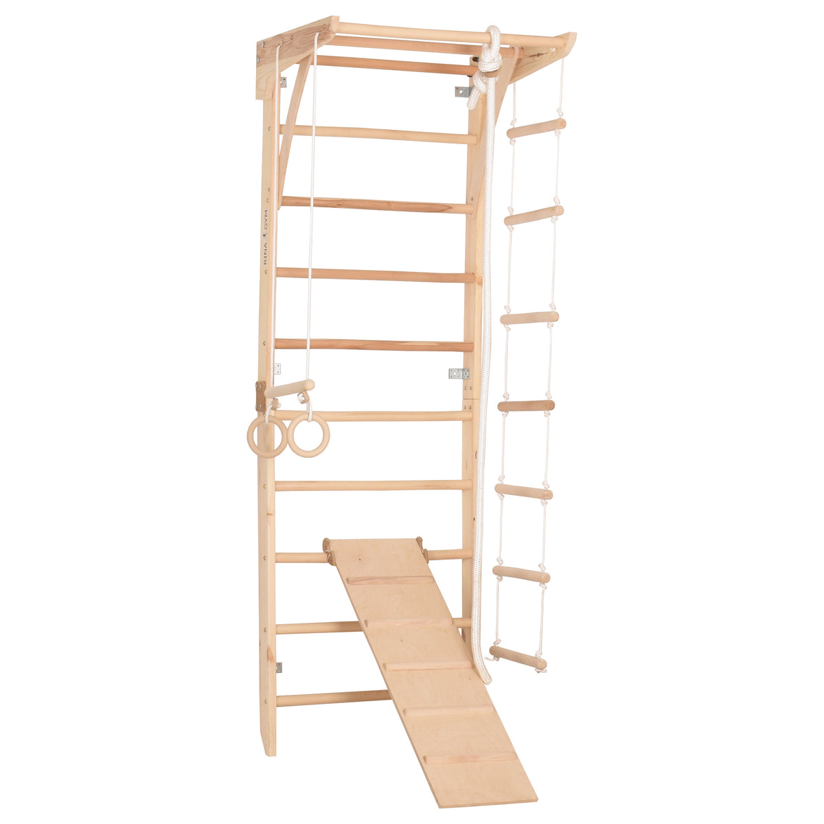 Kletterwand für die ganze Familie – Klettergerüst Indoor aus Holz mit Wand-Reck, Stange, Gymnastikringen, Kletterseil, schwe…