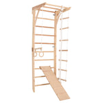 Kletterwand für die ganze Familie – Klettergerüst Indoor aus Holz mit Wand-Reck, Stange, Gymnastikringen, Kletterseil, schwe…