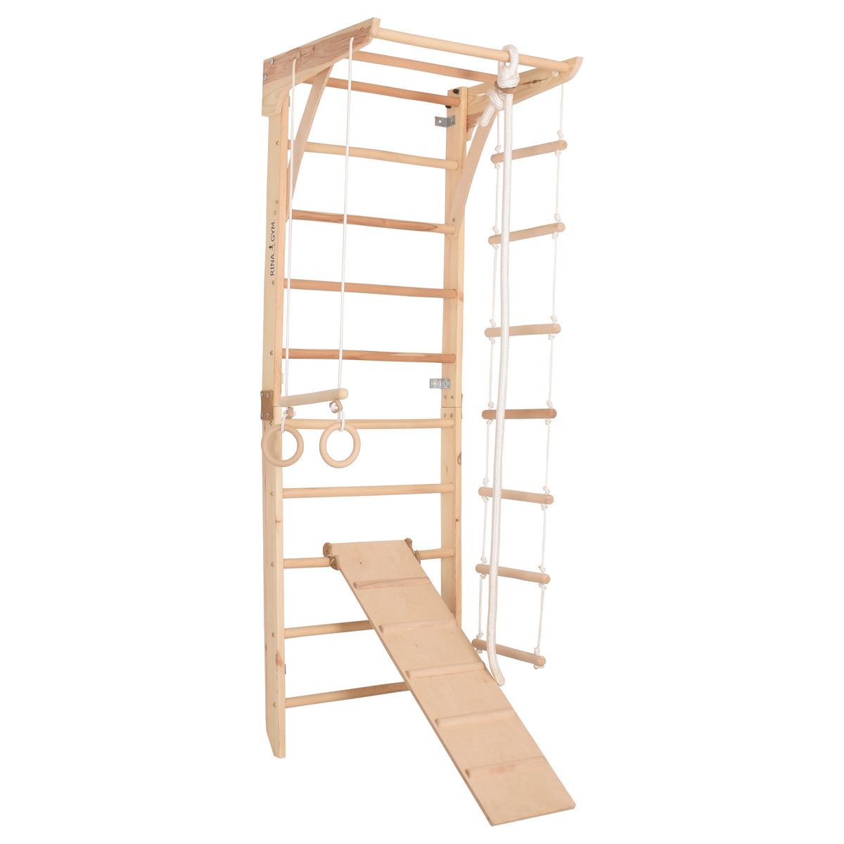 Kletterwand für die ganze Familie – Klettergerüst Indoor aus Holz mit Wand-Reck, Stange, Gymnastikringen, Kletterseil, schwe…