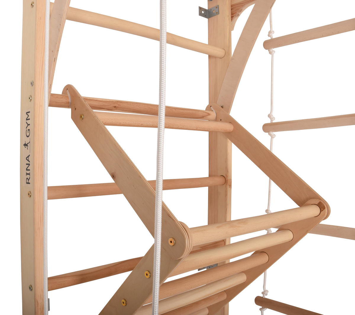 Kletterwand für die ganze Familie – Klettergerüst Indoor aus Holz mit Wand-Reck, Stange, Gymnastikringen, Kletterseil, schwe…