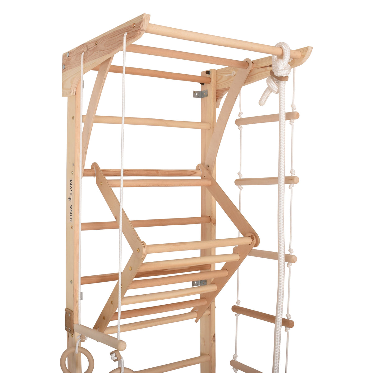 Kletterwand für die ganze Familie – Klettergerüst Indoor aus Holz mit Wand-Reck, Stange, Gymnastikringen, Kletterseil, schwe…