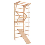 Kletterwand für die ganze Familie – Klettergerüst Indoor aus Holz mit Wand-Reck, Stange, Gymnastikringen, Kletterseil, schwe…