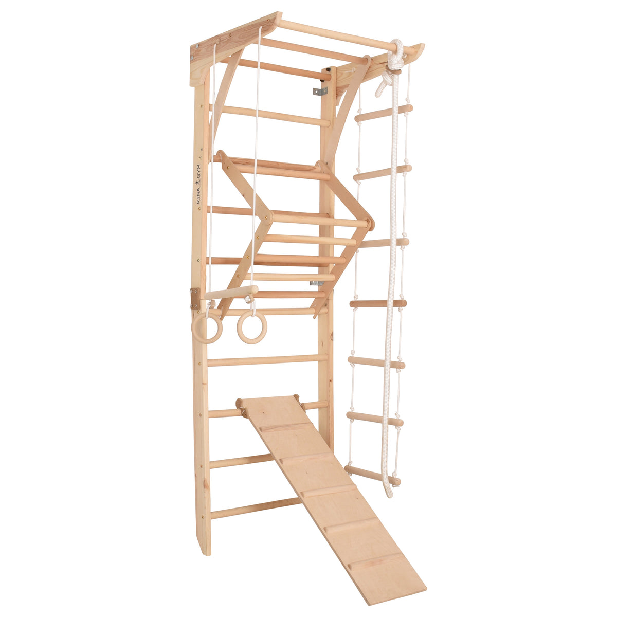 Kletterwand für die ganze Familie – Klettergerüst Indoor aus Holz mit Wand-Reck, Stange, Gymnastikringen, Kletterseil, schwe…