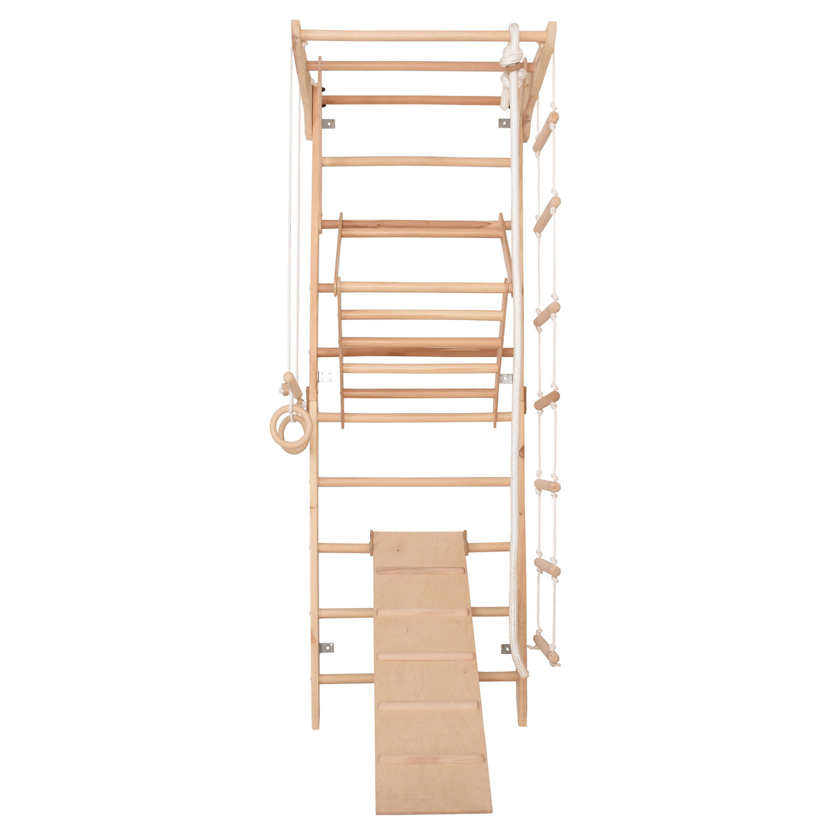 Kletterwand für die ganze Familie – Klettergerüst Indoor aus Holz mit Wand-Reck, Stange, Gymnastikringen, Kletterseil, schwe…