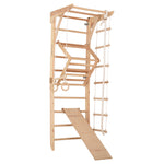 Kletterwand für die ganze Familie – Klettergerüst Indoor aus Holz mit Wand-Reck, Stange, Gymnastikringen, Kletterseil, schwe…