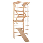 Kletterwand für die ganze Familie – Klettergerüst Indoor aus Holz mit Wand-Reck, Stange, Gymnastikringen, Kletterseil, schwe…