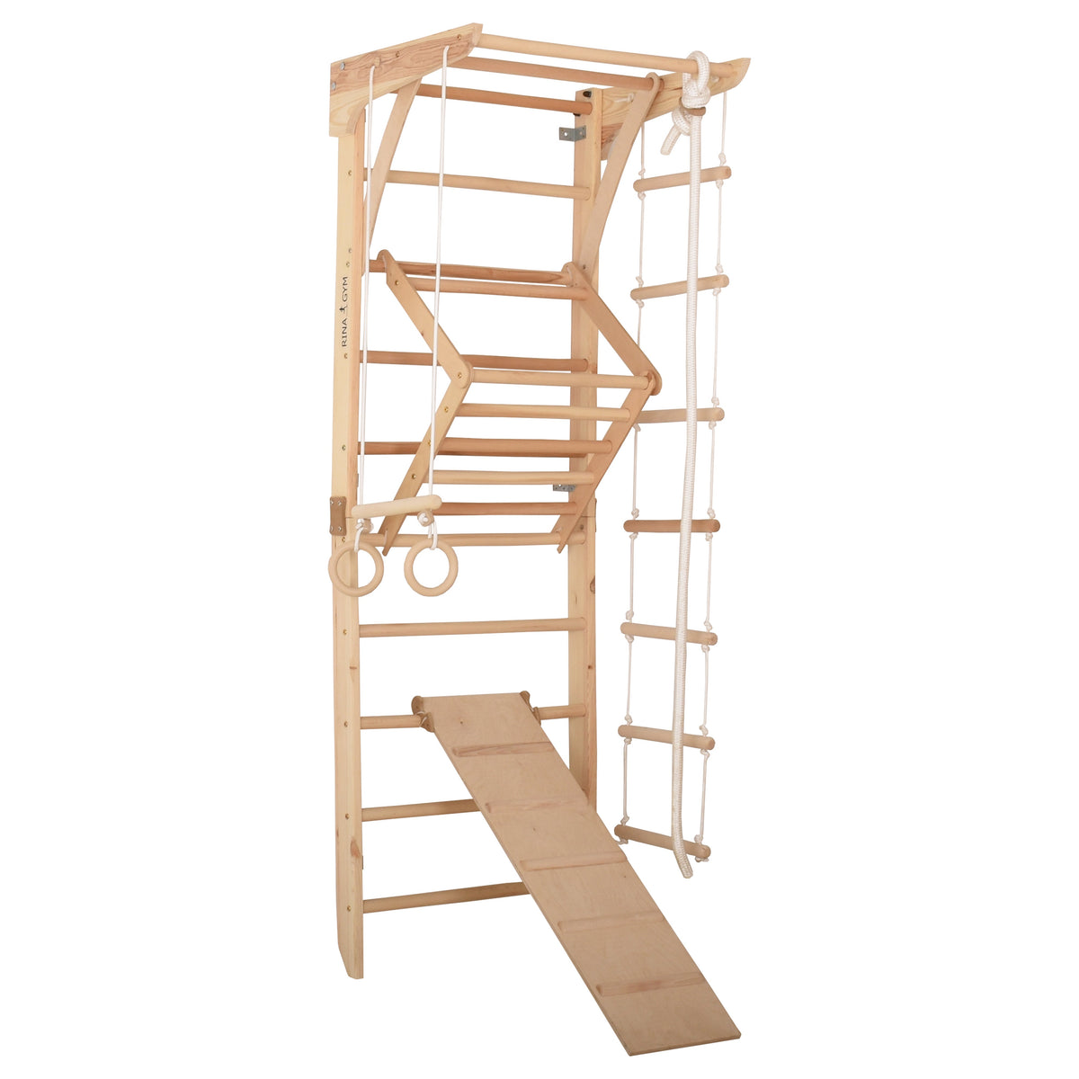 Kletterwand für die ganze Familie – Klettergerüst Indoor aus Holz mit Wand-Reck, Stange, Gymnastikringen, Kletterseil, schwe…