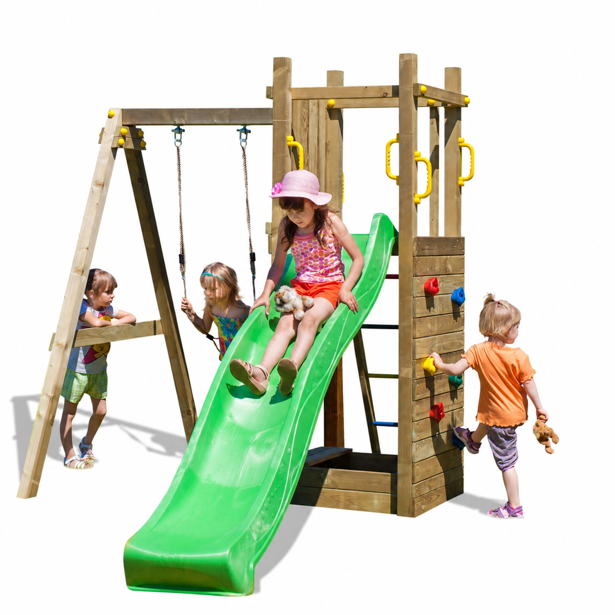 Spielturm FUNNY3 mit grüner Rutsche, Sandkasten und Schaukel