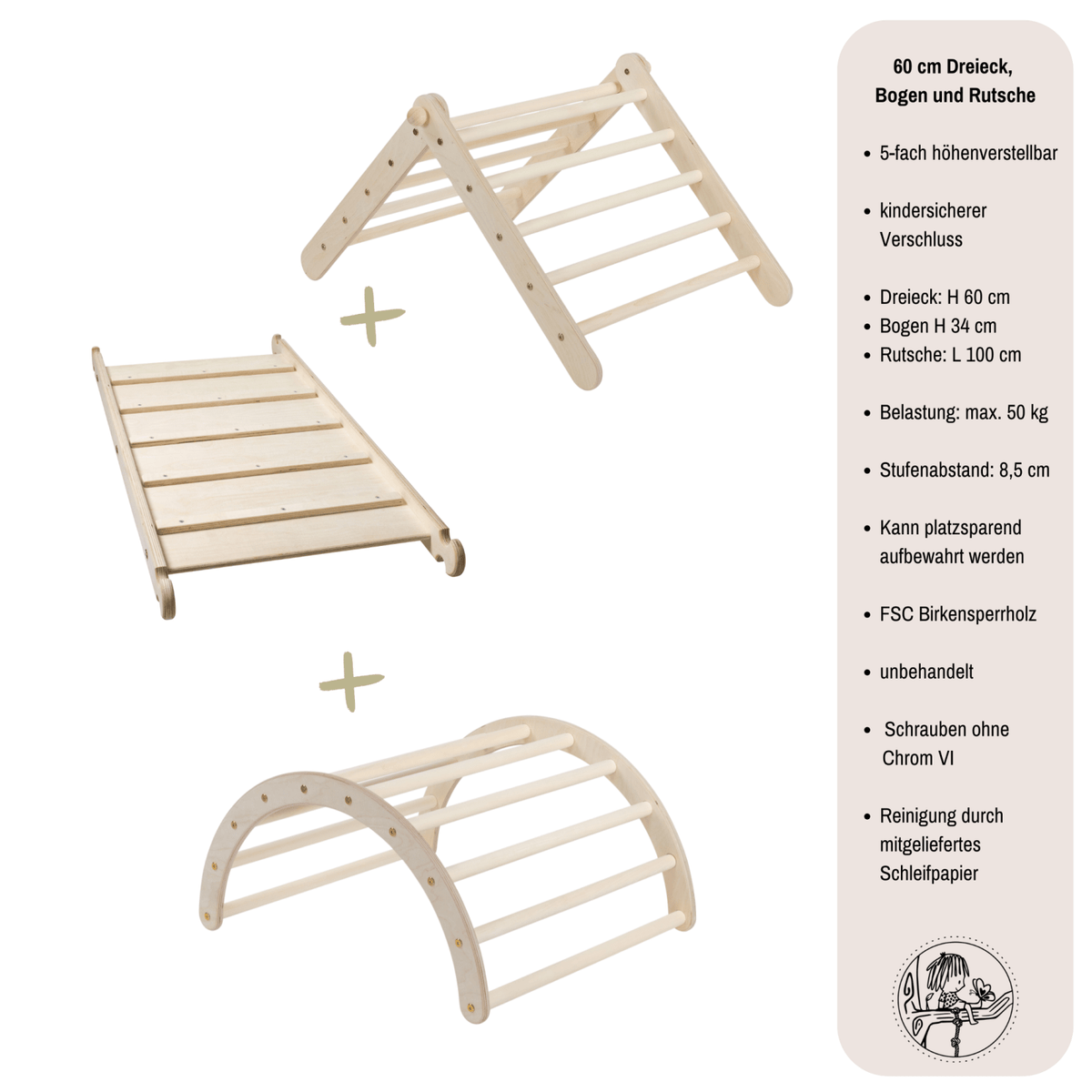 höhenverstellbares Kletterdreieck - Set ZICKENLING SET | 5 - fach verstellbar | 60cm| Dreieck + Rutsche + Bogen - Kletterling – einfach Kind sein