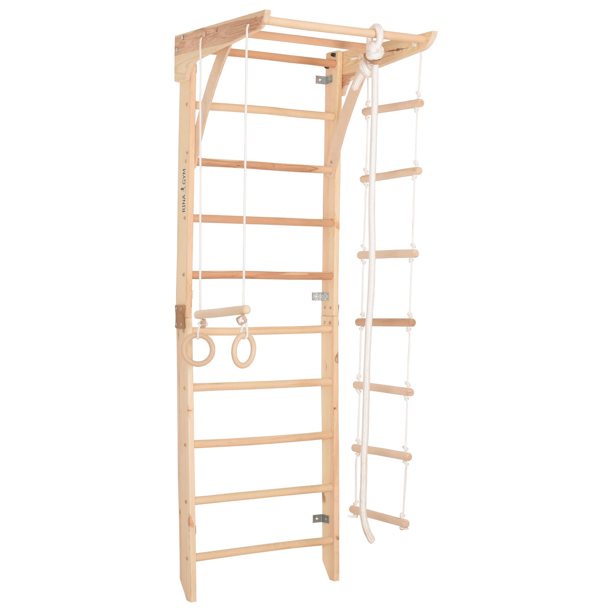Kletterwand für die ganze Familie – Klettergerüst Indoor aus Holz mit Wand-Reck, Stange, Gymnastikringen, Kletterseil, schwedischer Leiter –  sicherem Lack – Ansicht 1