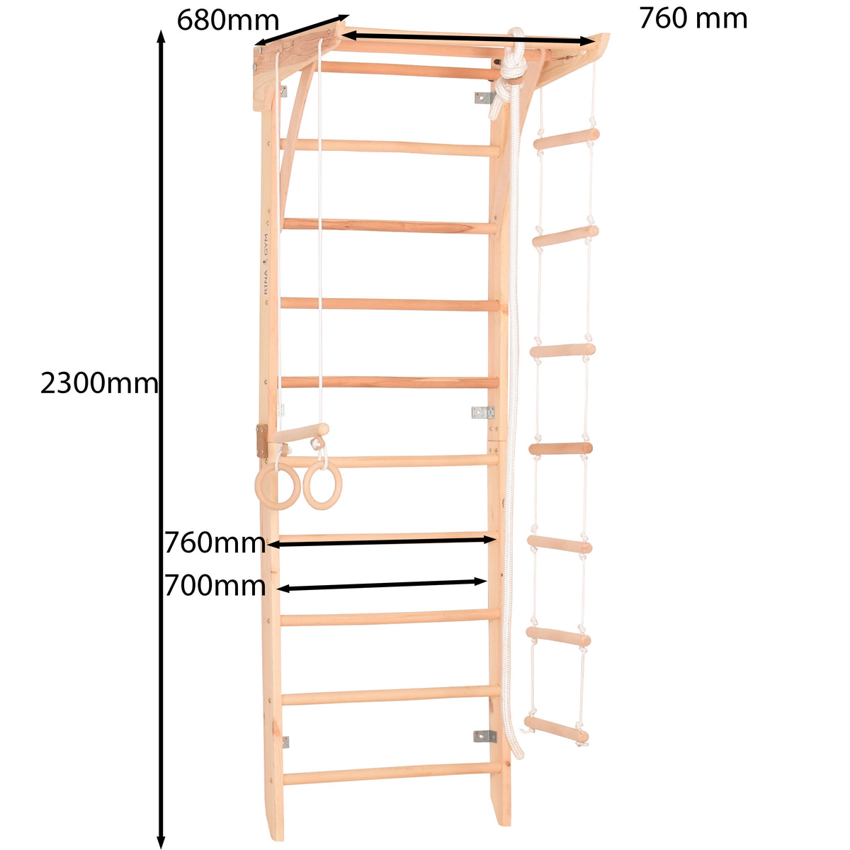 Kletterwand für die ganze Familie – Klettergerüst Indoor aus Holz mit Wand-Reck, Stange, Gymnastikringen, Kletterseil, schwedischer Leiter –  sicherem Lack – Ansicht 2