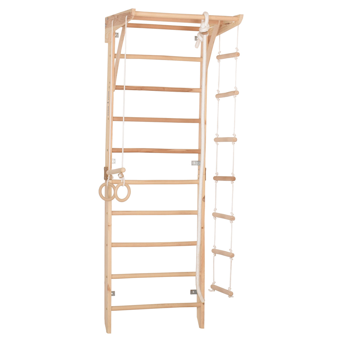 Kletterwand für die ganze Familie – Klettergerüst Indoor aus Holz mit Wand-Reck, Stange, Gymnastikringen, Kletterseil, schwedischer Leiter –  sicherem Lack – Ansicht 3
