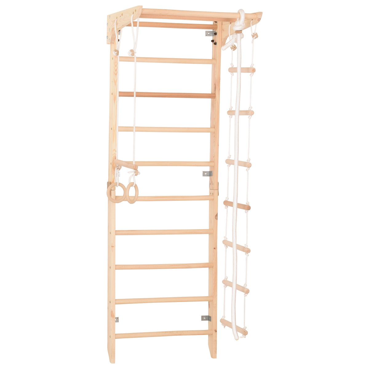 Kletterwand für die ganze Familie – Klettergerüst Indoor aus Holz mit Wand-Reck, Stange, Gymnastikringen, Kletterseil, schwedischer Leiter –  sicherem Lack – Ansicht 6