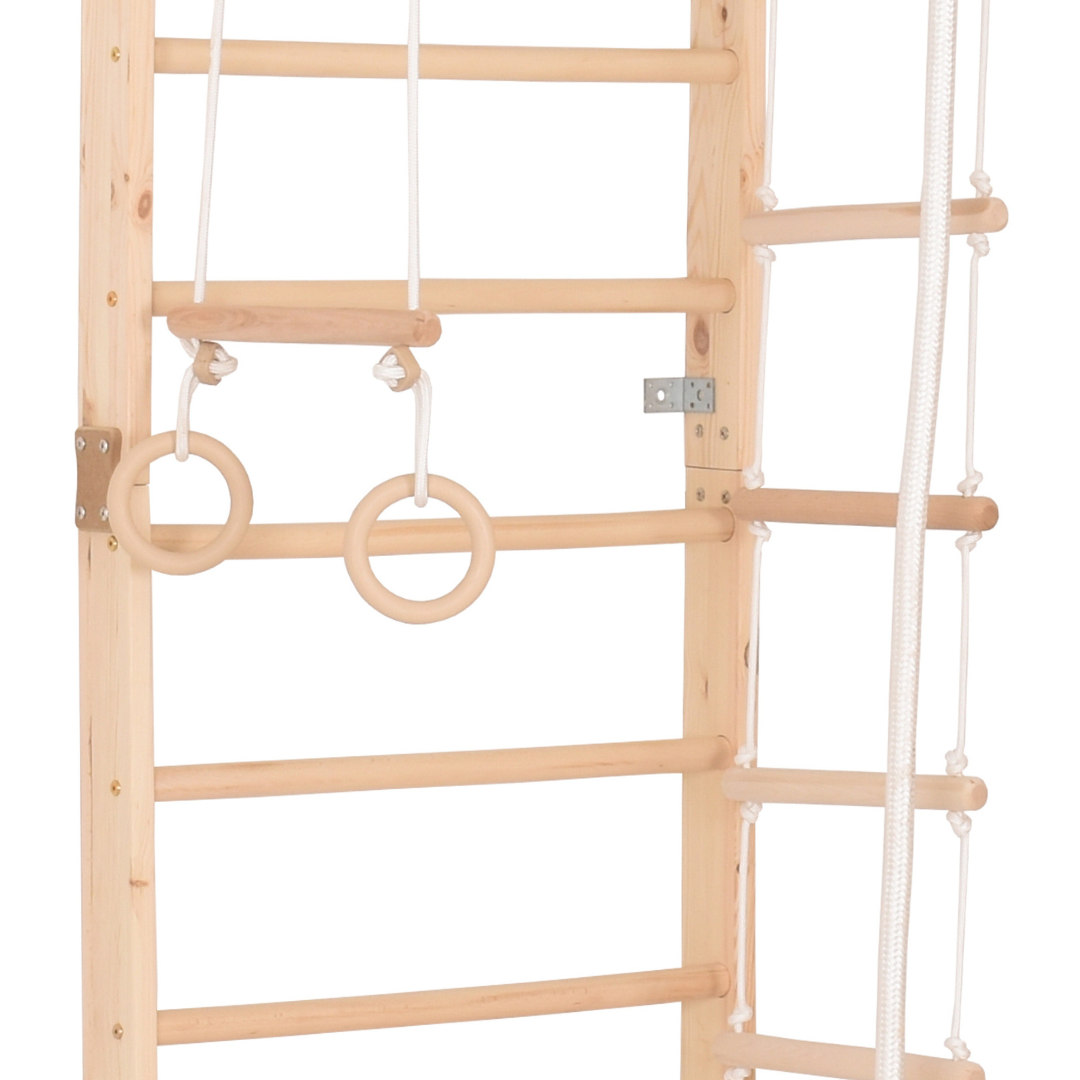 Kletterwand für die ganze Familie – Klettergerüst Indoor aus Holz mit Wand-Reck, Stange, Gymnastikringen, Kletterseil, schwedischer Leiter –  sicherem Lack – Ansicht 7
