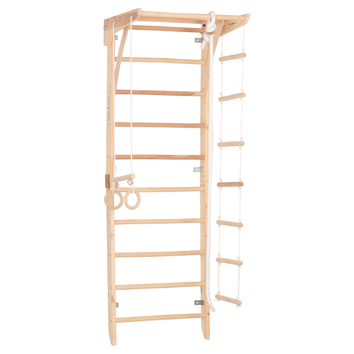 Kletterwand für die ganze Familie – Klettergerüst Indoor aus Holz mit Wand-Reck, Stange, Gymnastikringen, Kletterseil, schwedischer Leiter –  sicherem Lack – Ansicht 8