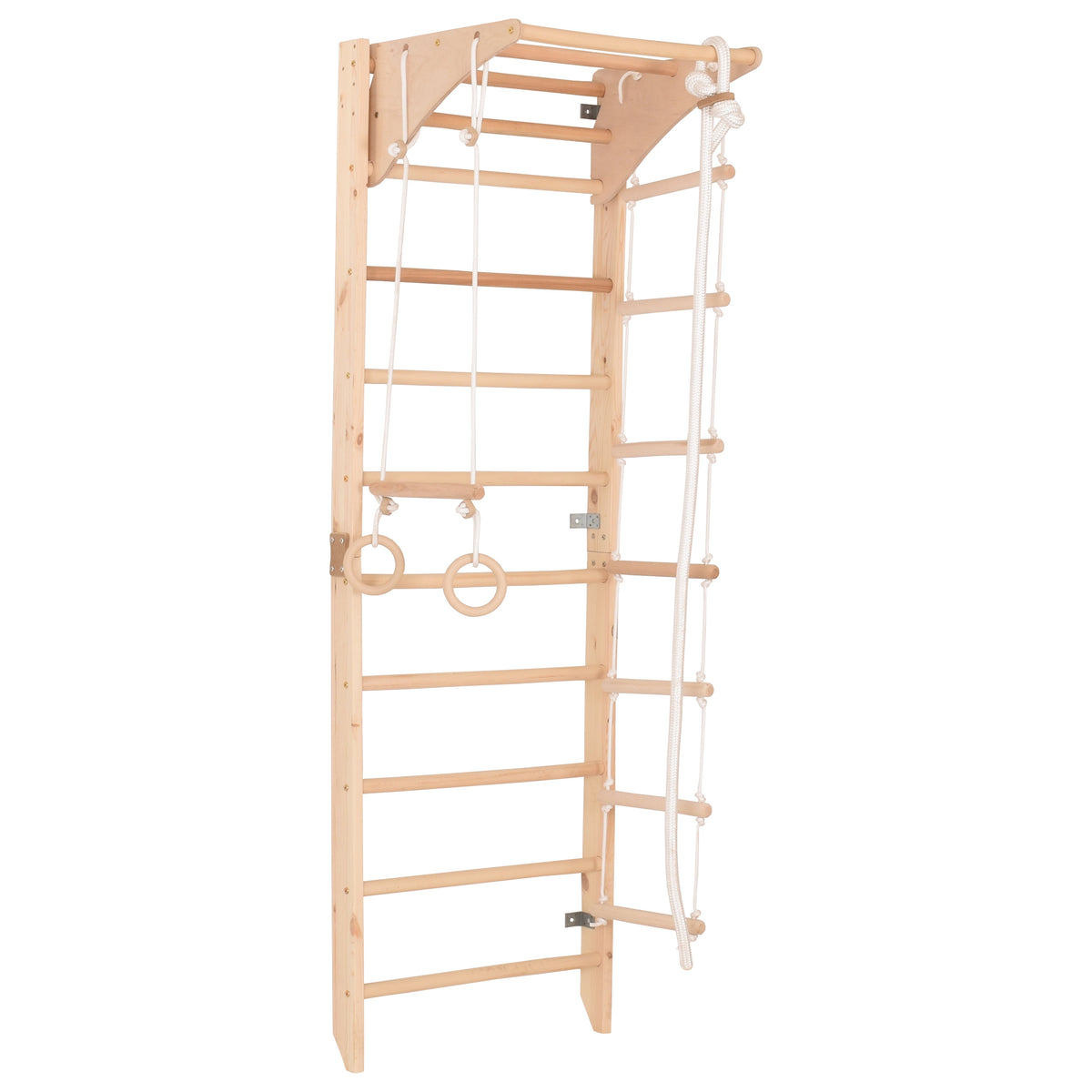Kletterwand für die ganze Familie mit höhenverstellbarem Reck-Indoor Klettergerüst aus Holz - Wand-Reck, Stange, Gymnastik-Ringe, Kletterseil - Kombi 2 mit sicherem Lack – Ansicht 1
