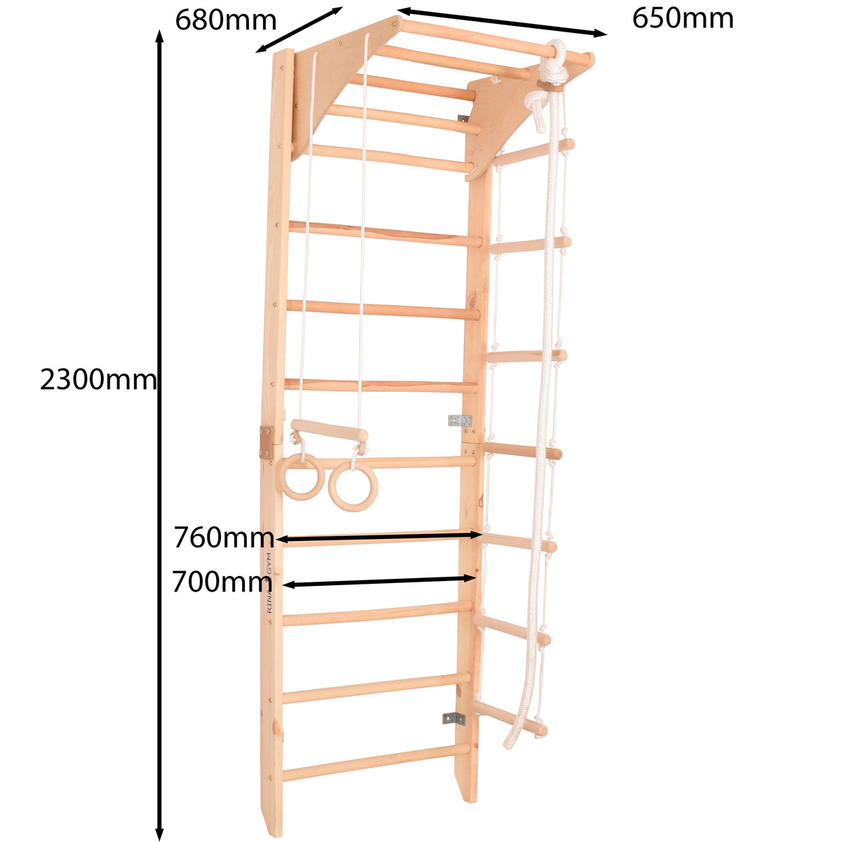 Kletterwand für die ganze Familie mit höhenverstellbarem Reck-Indoor Klettergerüst aus Holz - Wand-Reck, Stange, Gymnastik-Ringe, Kletterseil - Kombi 2 mit sicherem Lack – Ansicht 2