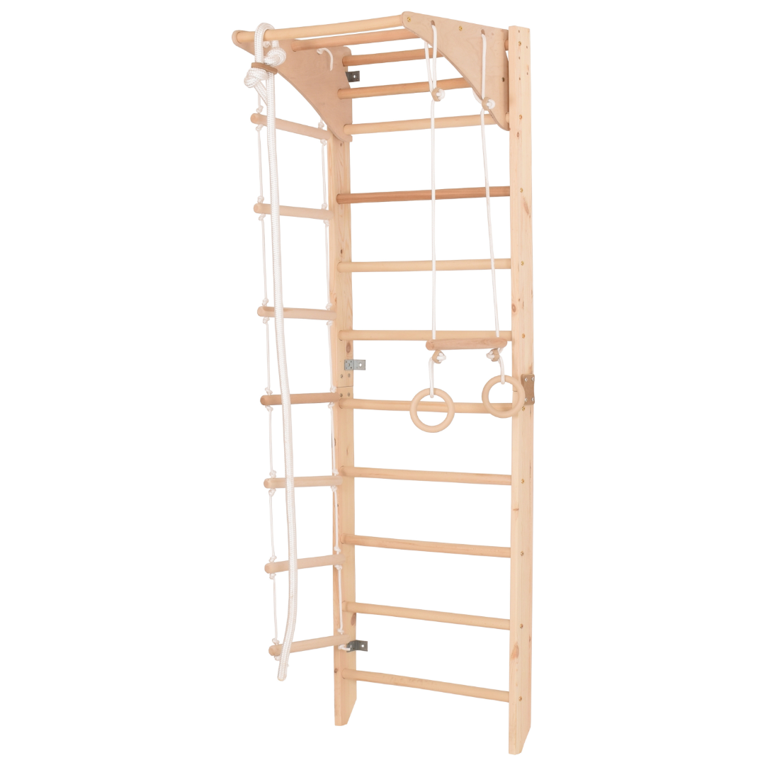 Kletterwand für die ganze Familie mit höhenverstellbarem Reck-Indoor Klettergerüst aus Holz - Wand-Reck, Stange, Gymnastik-Ringe, Kletterseil - Kombi 2 mit sicherem Lack – Ansicht 5