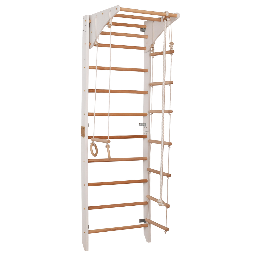 Kletterwand für die ganze Familie mit höhenverstellbarem Reck-Indoor Klettergerüst aus Holz - Wand-Reck, Stange, Gymnastik-Ringe, Kletterseil - Kombi 2 weiße Farbe – Ansicht 1