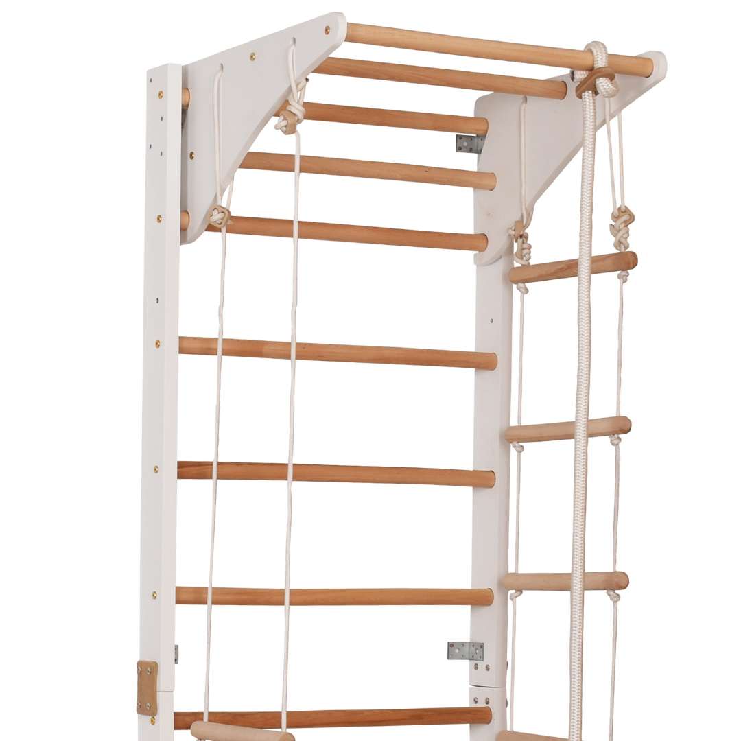 Kletterwand für die ganze Familie mit höhenverstellbarem Reck-Indoor Klettergerüst aus Holz - Wand-Reck, Stange, Gymnastik-Ringe, Kletterseil - Kombi 2 weiße Farbe – Ansicht 3