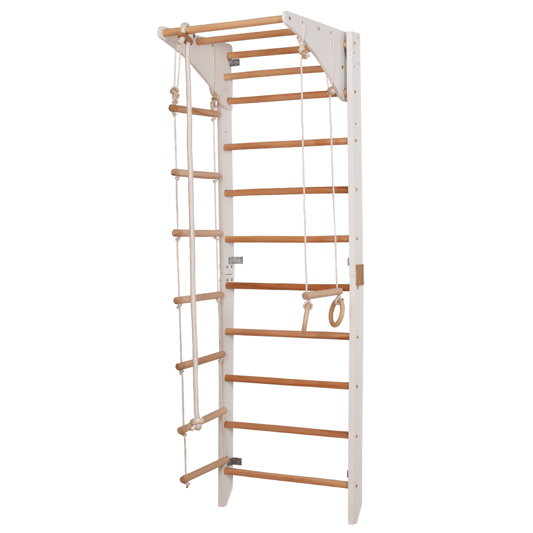 Kletterwand für die ganze Familie mit höhenverstellbarem Reck-Indoor Klettergerüst aus Holz - Wand-Reck, Stange, Gymnastik-Ringe, Kletterseil - Kombi 2 weiße Farbe – Ansicht 4