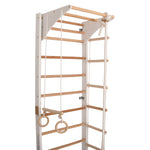 Kletterwand für die ganze Familie mit höhenverstellbarem Reck-Indoor Klettergerüst aus Holz - Wand-Reck, Stange, Gymnastik-Ringe, Kletterseil - Kombi 2 weiße Farbe – Ansicht 6