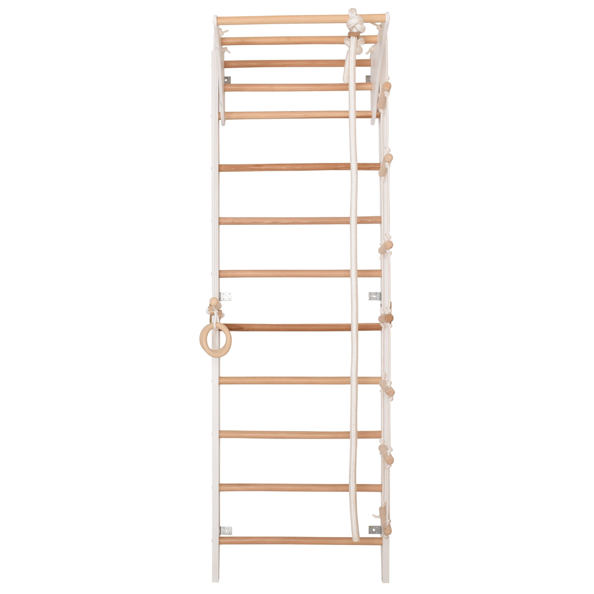Kletterwand für die ganze Familie mit höhenverstellbarem Reck-Indoor Klettergerüst aus Holz - Wand-Reck, Stange, Gymnastik-Ringe, Kletterseil - Kombi 2 weiße Farbe – Ansicht 7