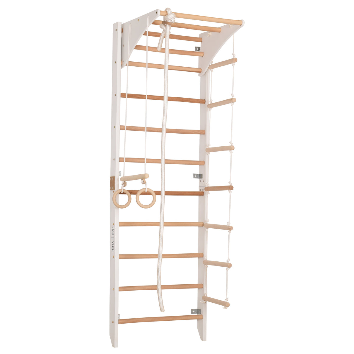 Kletterwand für die ganze Familie mit höhenverstellbarem Reck-Indoor Klettergerüst aus Holz - Wand-Reck, Stange, Gymnastik-Ringe, Kletterseil - Kombi 2 weiße Farbe – Ansicht 8
